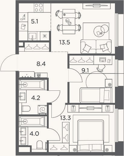 Планировка: 3-к, 57,6 м²