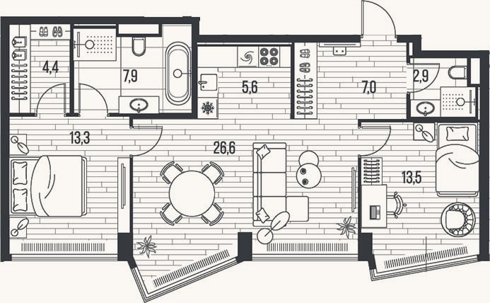 Планировка: 3-к, 81,2 м²