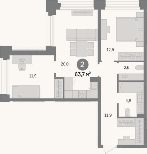 Планировка: 2-к, 63,7 м²