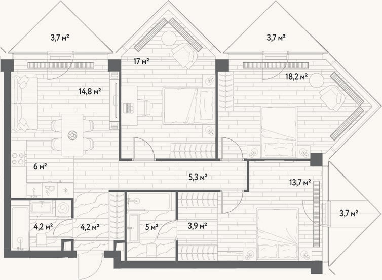 Планировка: 4+ к, 92,3 м²