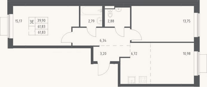 Планировка: 3-к, 61,8 м²