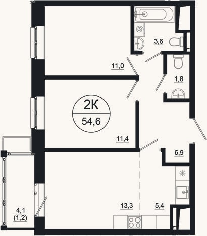 Планировка: 3-к, 53,4 м²