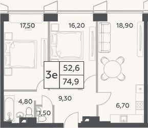 Планировка: 3-к, 74,9 м²