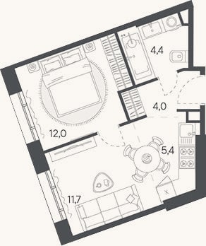 Планировка: 2-к, 37,5 м²