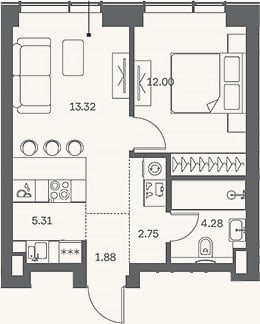 Планировка: 2-к, 39,5 м²
