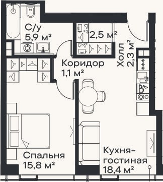 Планировка: 2-к, 46 м²