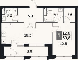 Планировка: 1-к, 47 м²