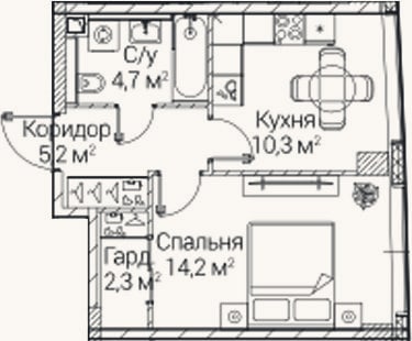 Планировка: 1-к, 35,8 м²