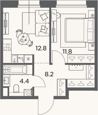 Планировка: 1-к, 37,2 м²