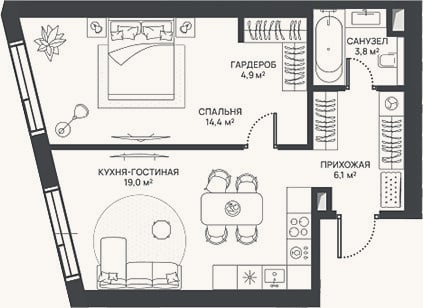 Планировка: 2-к, 48,2 м²