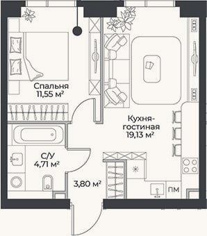 Планировка: 2-к, 39,2 м²