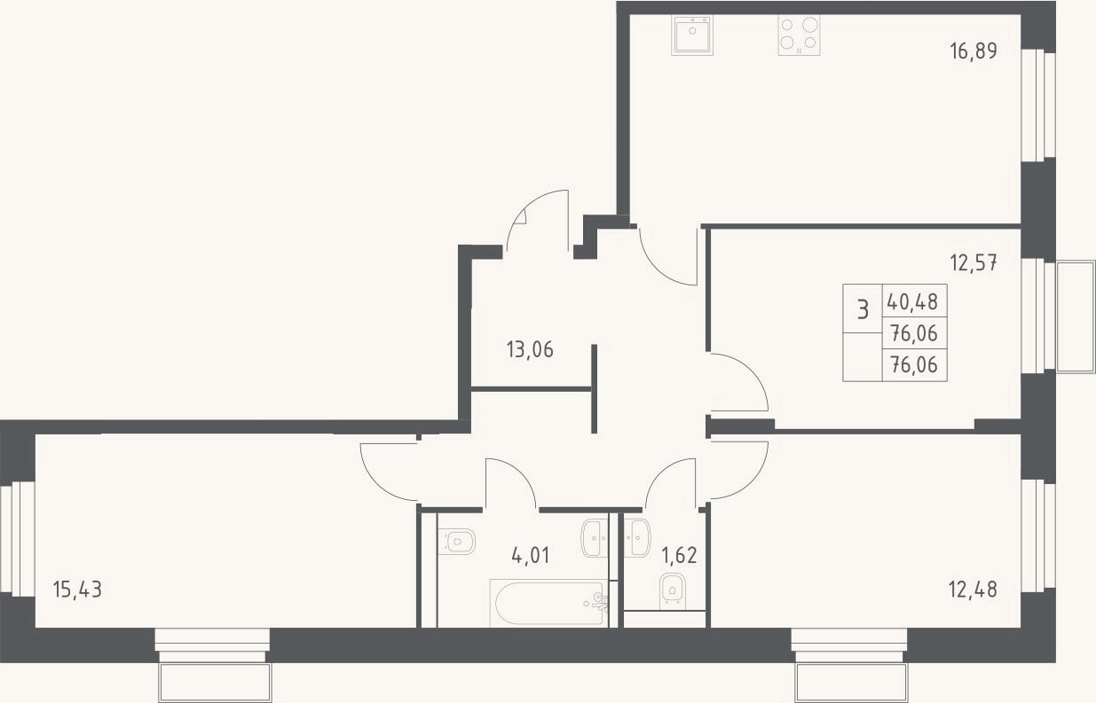 Планировка: 3-к, 76,1 м²