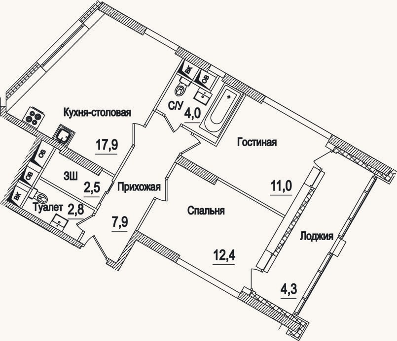 Планировка: 3-к, 58,5 м²
