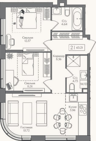 Планировка: 3-к, 63,2 м²