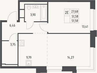 Планировка: 2-к, 51,6 м²