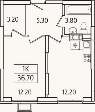Планировка: 1-к, 36,7 м²