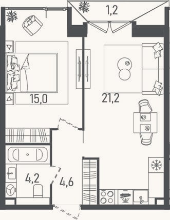 Планировка: 2-к, 45 м²