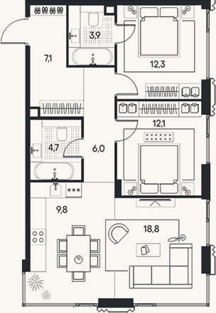 Планировка: 3-к, 74,7 м²