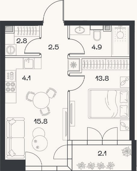 Планировка: 2-к, 43,9 м²