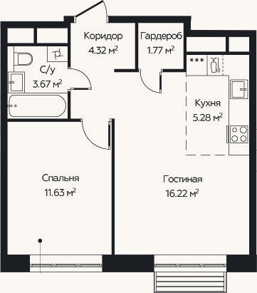 Планировка: 2-к, 42,9 м²