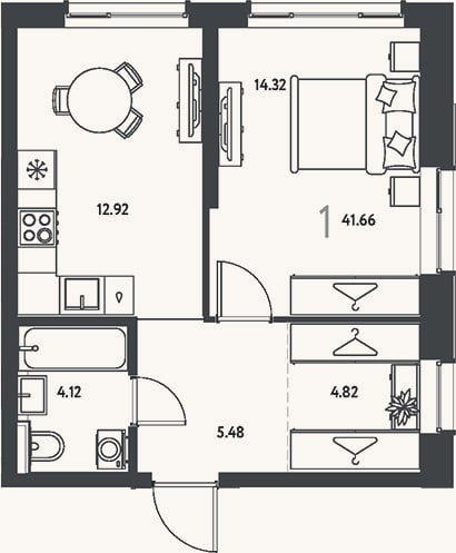 Планировка: 1-к, 41,7 м²
