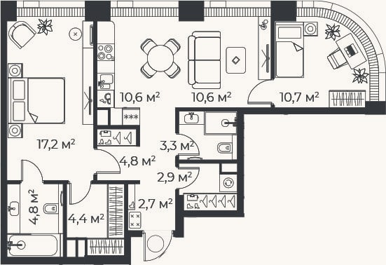 Планировка: 3-к, 72 м²