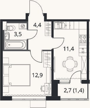 Планировка: 1-к, 32,2 м²