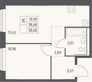 Планировка: 2-к, 38,7 м²