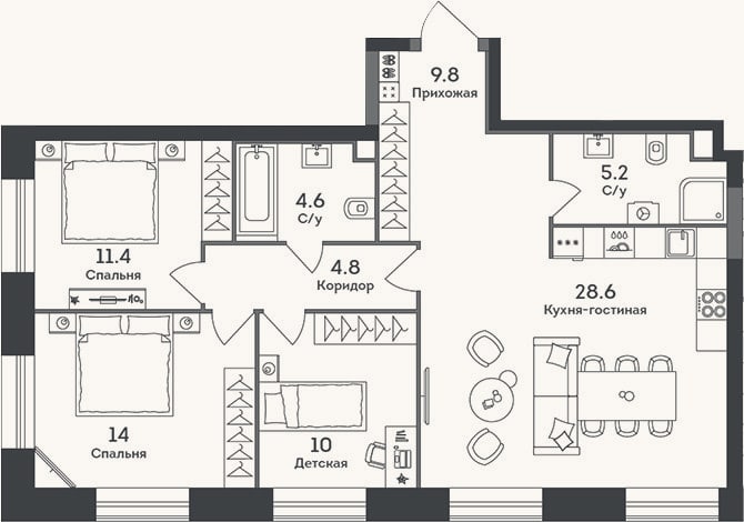 Планировка: 4+ к, 88,4 м²