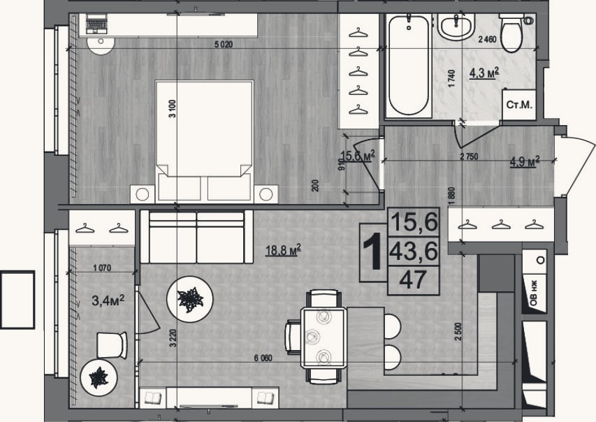 Планировка: 2-к, 43,6 м²