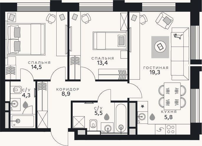 Планировка: 3-к, 71,7 м²
