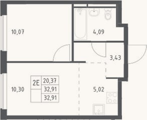 Планировка: 2-к, 32,9 м²