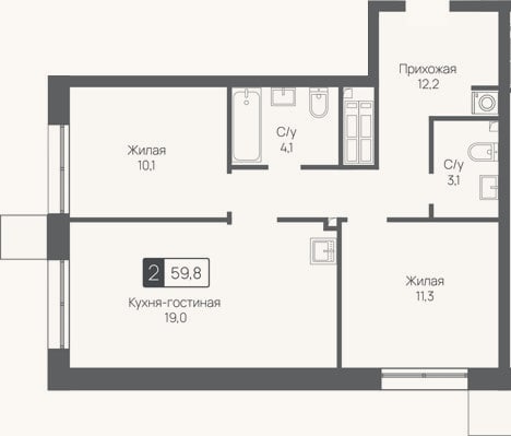 Планировка: 3-к, 59,8 м²