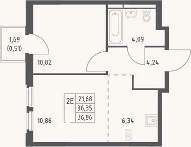 Планировка: 2-к, 36,4 м²