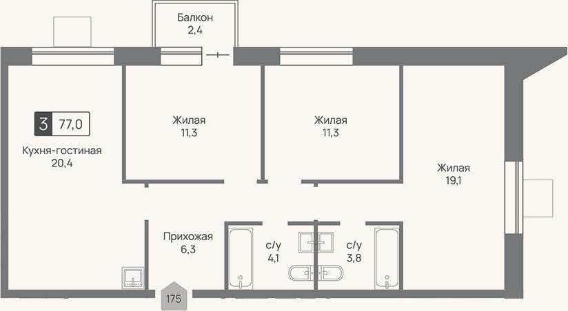 Планировка: 4+ к, 76,3 м²