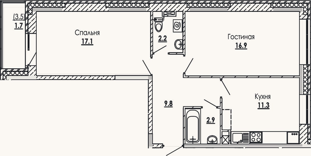 Планировка: 2-к, 60,2 м²