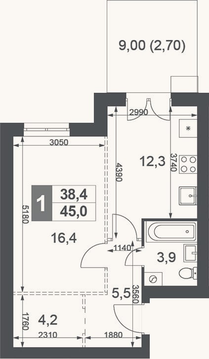 Планировка: 1-к, 42,3 м²