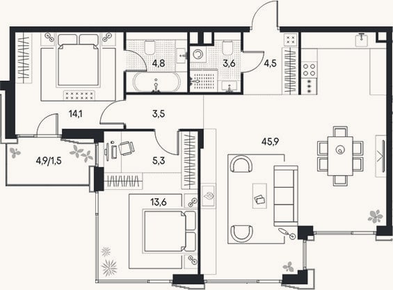 Планировка: 3-к, 95,2 м²