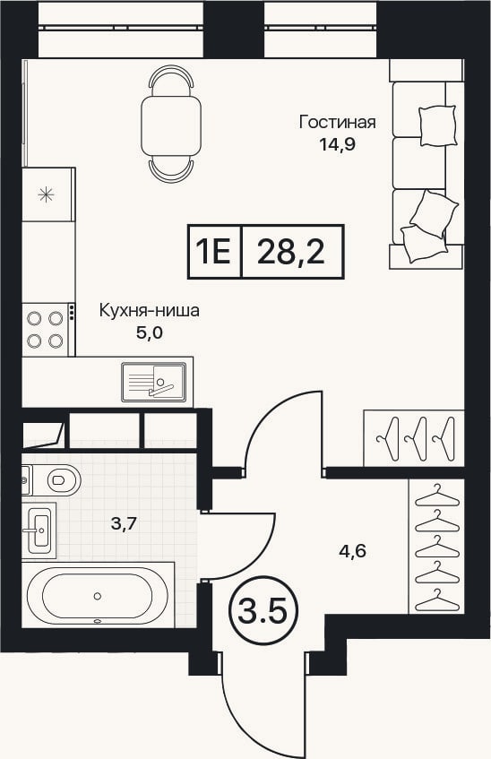 Планировка: Студия, 28,2 м²