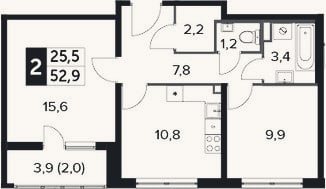 Планировка: 2-к, 50,9 м²