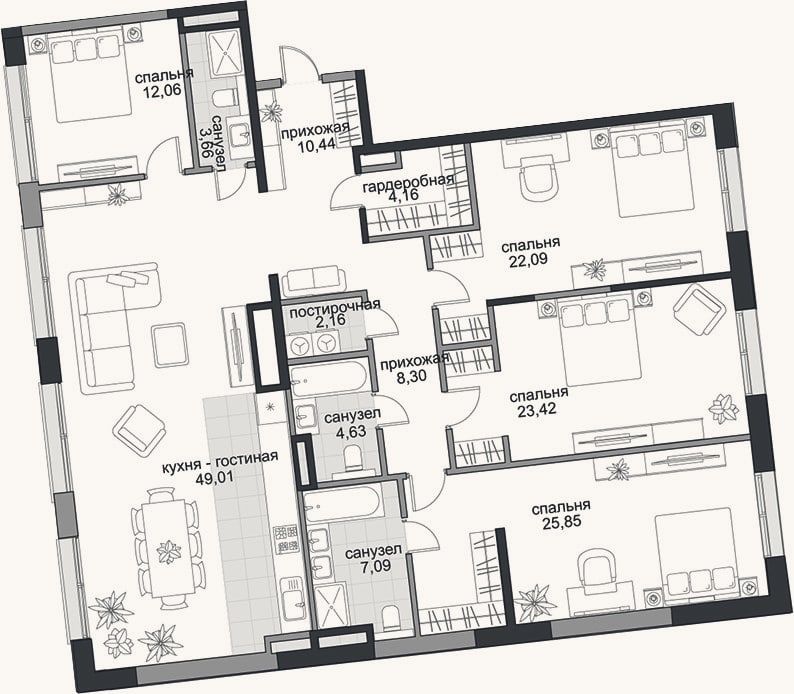 Планировка: 4+ к, 172,9 м²