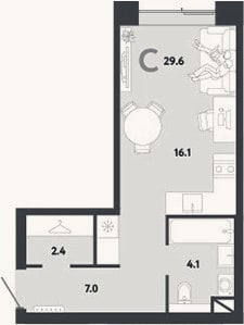 Планировка: Студия, 29,6 м²