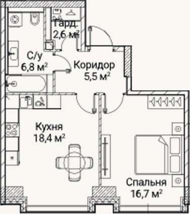 Планировка: 1-к, 49,8 м²