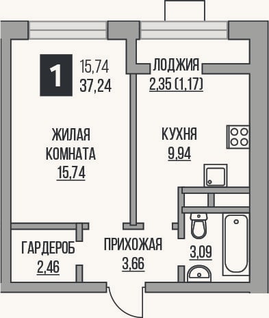 Планировка: 1-к, 34,9 м²