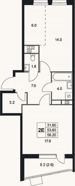 Планировка: 2-к, 53,7 м²