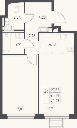 Планировка: 2-к, 44,5 м²