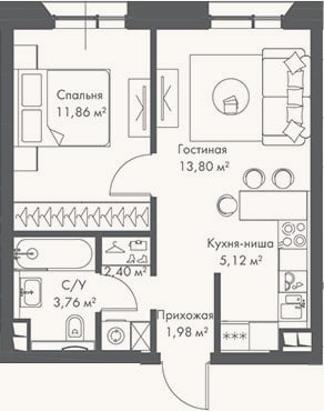 Планировка: 2-к, 38,9 м²