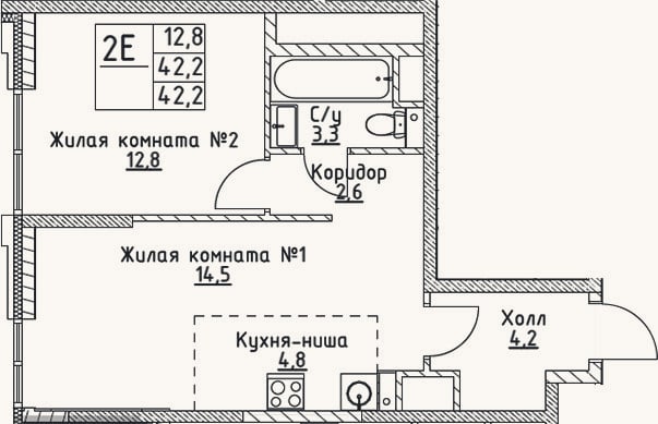 Планировка: 2-к, 42,2 м²