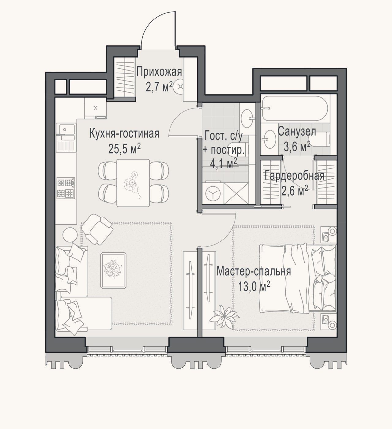 Планировка: 2-к, 51,2 м²