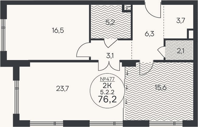 Планировка: 2-к, 76,2 м²